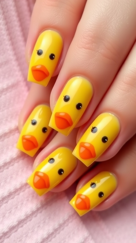 Duck Nail Art with Acrylics Duck-themed acrylic nails in yellow and orange with detailed designs, displayed on a pastel background.